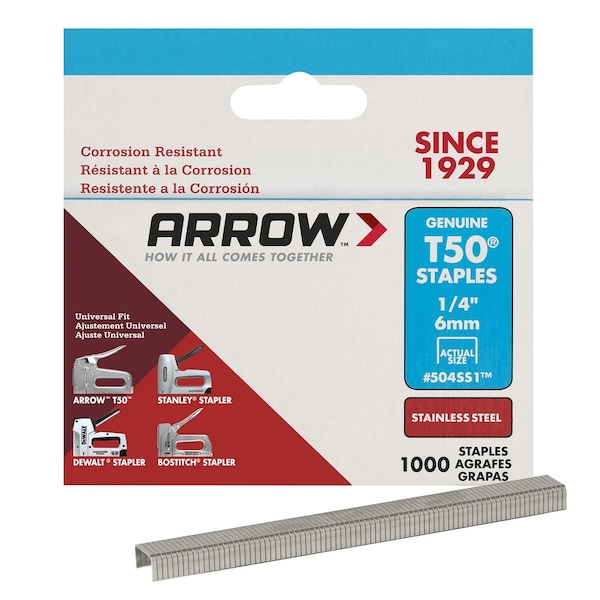 Arrow Fastener Heavy Duty Staples, T50, 18 ga, Flat Crown, 1/4 in Leg L, Stainless Steel, 1000 PK 504SS1 - main